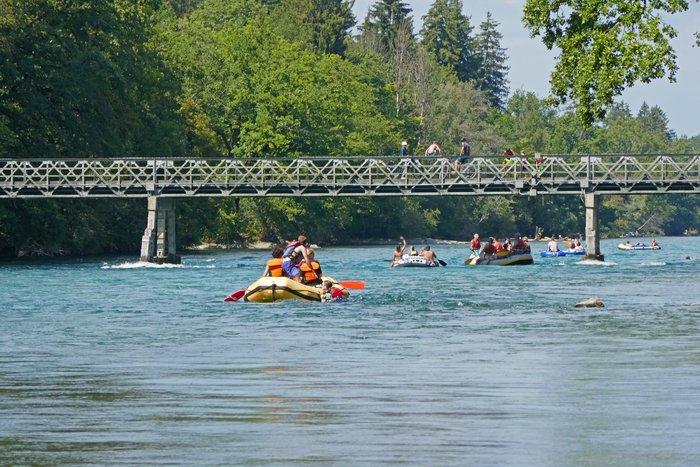 The river Aare crosses the city of Bern. In summer you can swim in it. Or even float from Thun to Bern. It’s great fun!    