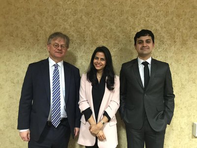 Appellate Body Secretariat Director Dr Werner Zdouc (left) with MILE alumni Pallavi Bajaj and Rishab Raturi    