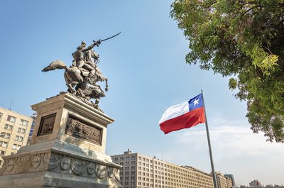 Bulnes Square and Chilean flag, Santiago, Chile    