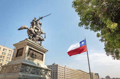 Bulnes Square and Chilean flag, Santiago, Chile    